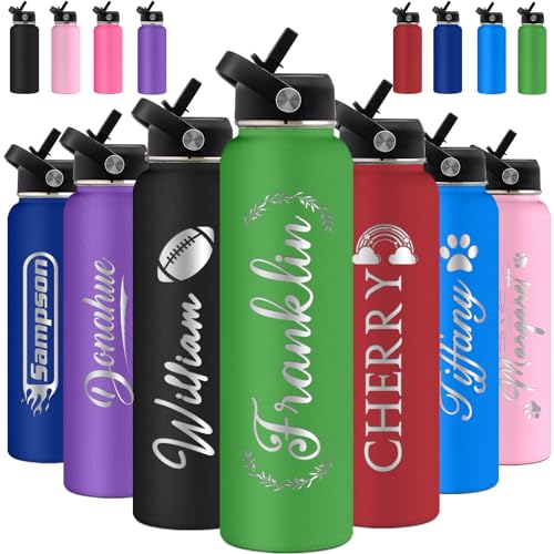 Personalized Water Bottles with Straw Lid Custom Water Bottle 24oz Customize Engraved Name Stainless Steel Insulated Sport Bottles for School Gym Boys Women Men