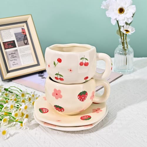 Irregular Ceramic Mug with Saucer - 10oz Strawberry Flower Latte Cup - Handcrafted