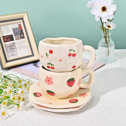 Irregular Ceramic Mug with Saucer - 10oz Strawberry Flower Latte Cup - Handcrafted