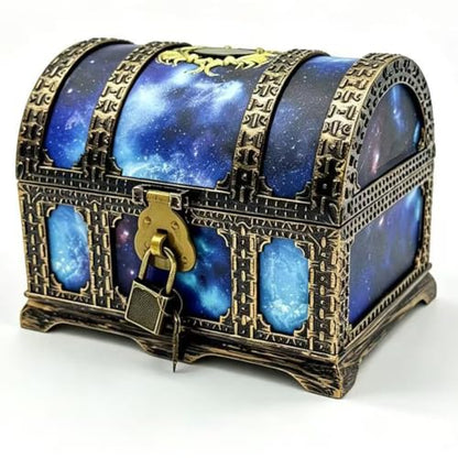 Starry Galaxy Treasure Chest with Lock and Key - Kids Pretend Play Storage Box, Classroom Prize Container