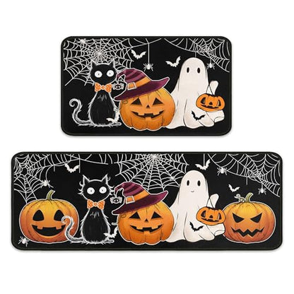 Halloween Kitchen Rugs Set of 2 - Non Slip Pumpkin Cats Ghosts 17x47.2 +17x30 Inches
