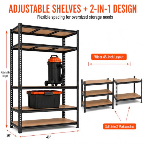 72 Inch Heavy Duty Garage Shelving Rack 2850 LBS Capacity - 5-Tier Storage