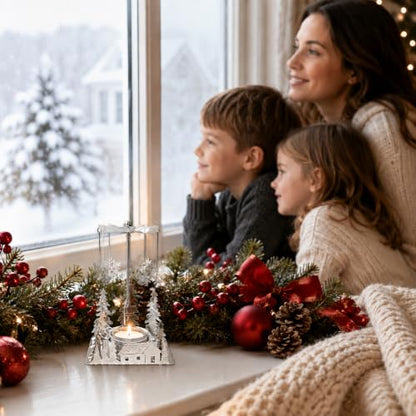 Winter Cabin Silver Holiday Candle Spinner Set of 3 - Laser Cut Christmas Scene, Christmas Decor