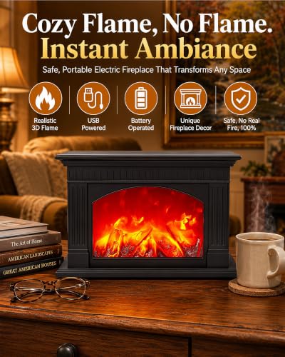 Black Fireplace Lantern with Realistic Flame Effect - Decorative Faux Fire Lamp
