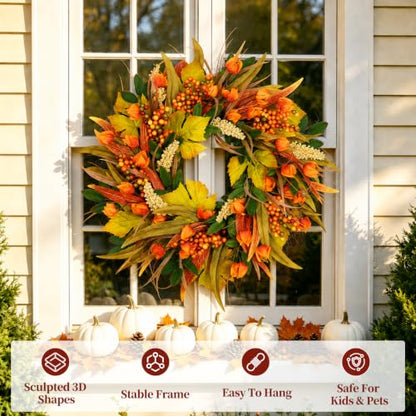 22 Inch Fall Harvest Wreath with Lantern Flowers and Wheat - Front Door Decor