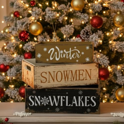 Christmas Wooden Crate Set - Rustic Snowman Snowflakes Holiday Storage Box - Winter Snowman Snowflakes Variation