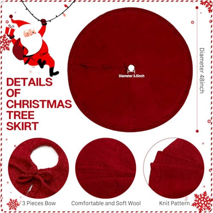 Christmas Tree Skirt 48 Inch Red Cable Knit Rustic Holiday Decor for Indoor Xmas