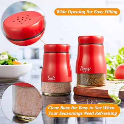 Red Salt and Pepper Shakers Set - 5oz Dispensers with Glass Bottom, Cute Kitchen Decor