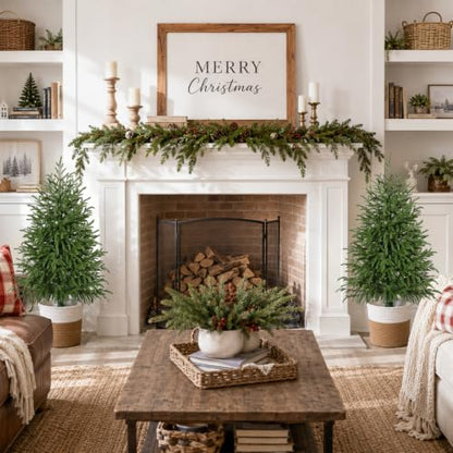 2 Pack Unlit 3FT Artificial Norfolk Pine Christmas Trees with Woven Basket - Real-Touch Foliage