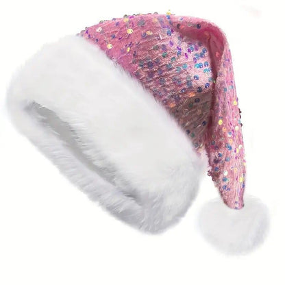 Pink Double-Layer Sequin Christmas Hat for Adults with Snowflake Pattern - Festive Santa Costume Accessory