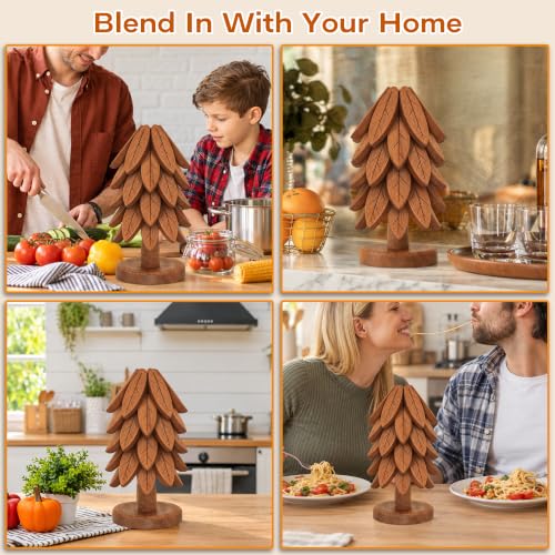 Wooden Tree-Shaped Trivet Set with Stand – 6 Pcs, Kitchen Hot Dish Protector