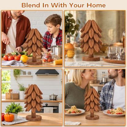 Wooden Tree-Shaped Trivet Set with Stand – 6 Pcs, Kitchen Hot Dish Protector