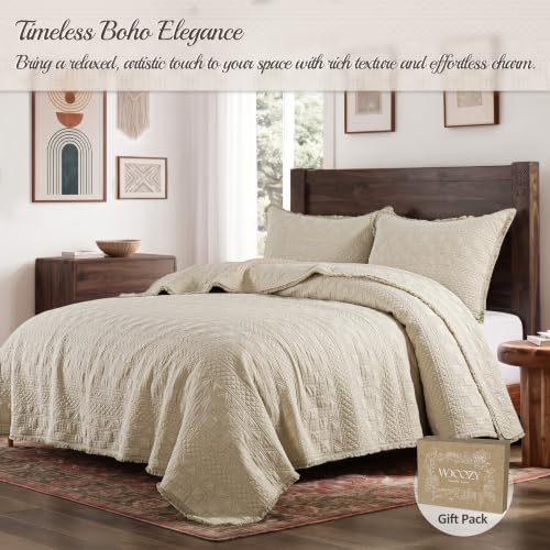 WDCOZY 100% Cotton Queen Size Quilt Set with Boho Fringe Geometric Stitch Beige - Queen (90x96)