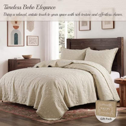 WDCOZY 100% Cotton Queen Size Quilt Set with Boho Fringe Geometric Stitch Beige - Queen (90x96)