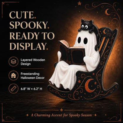 Halloween Ghost Decor - Reading Ghost Tabletop with Cat, Cozy Book Lover Halloween Decorations - Ghost Cat Book Variation