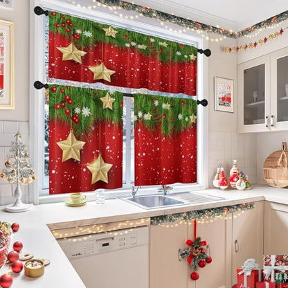 Christmas Kitchen Curtains Set Pine Red 52x36 Inch Window Decor with Valance & Tiers
