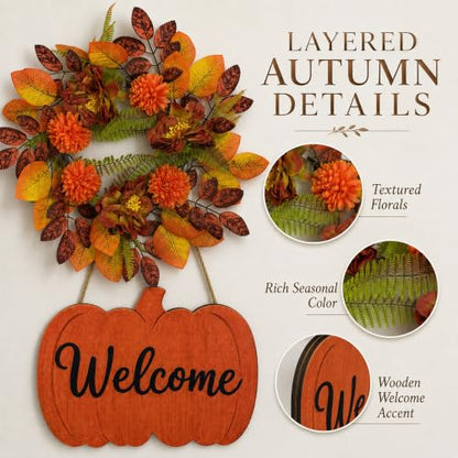 Fall Wreath with Pumpkin Welcome Sign for Front Door - Autumn Harvest Decor