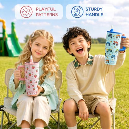Toddler Insulated Sippy Cup with Handle & Straw - Dinosaur & Monster Trucks 20oz 2 Pack