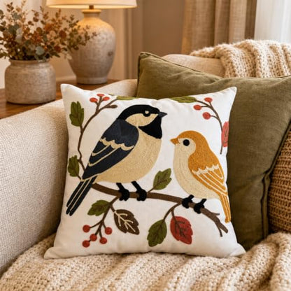 Botanical Birds Embroidered Throw Pillow Cover 18x18 Inches - Pack of 1