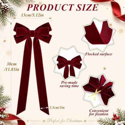 Burgundy Velvet Christmas Tree Bow Ornaments - Set of 15, 2.5cm Wide, Medium Variation
