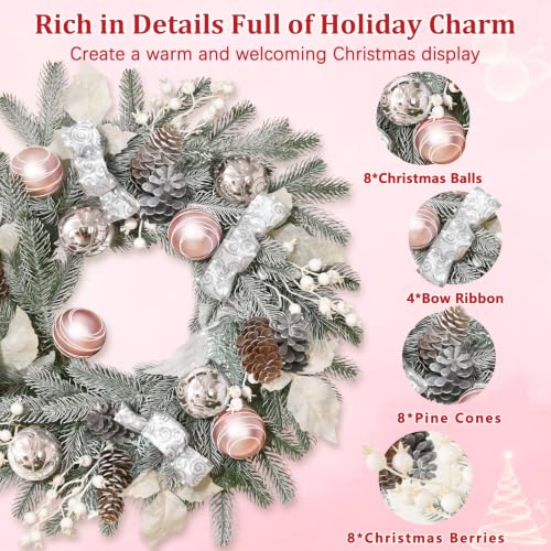 Elyum 20 Inch Christmas Wreath with Lights, Balls, Ribbon, Berries & Pine Cones - Front Door Holiday Decor