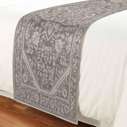 Gray Floral Bed Runner for Queen Size Bed 94x20 Inches - Rustic Satin Bedding Decor - Charcoal Taupe Variation