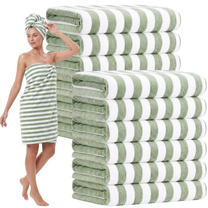 Microfiber Bath Towels Bulk 12 Pack - Sage Green Wide Stripes