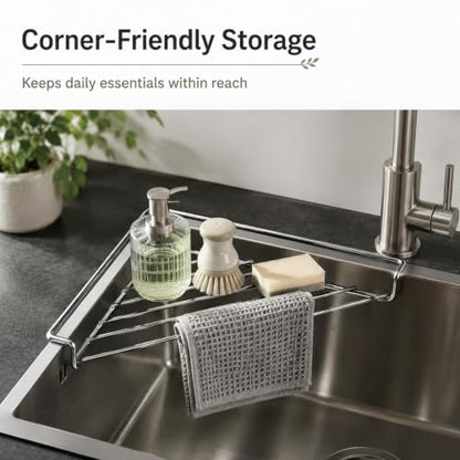 Stainless Steel Corner Sink Shelf - Space Saving Triangular Dish Drying Rack - Black