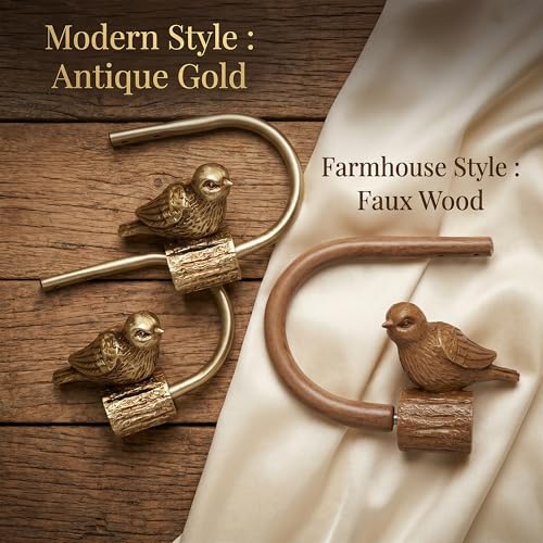 Faux Wood Bird Finial Curtain Holdbacks Tiebacks with Hooks - Rustic Home Decor