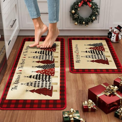 Christmas Kitchen Mat Set of 2 - Non Slip Holiday Rug with Christmas Tree Design, Red - 17x29 & 17x47 Inches