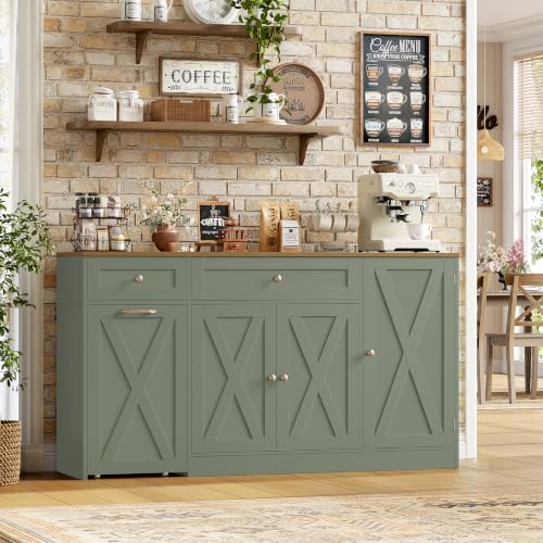Green Kitchen Buffet Cabinet with Storage & Rolling Cart - 59 Inch