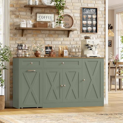 Green Kitchen Buffet Cabinet with Storage & Rolling Cart - 59 Inch
