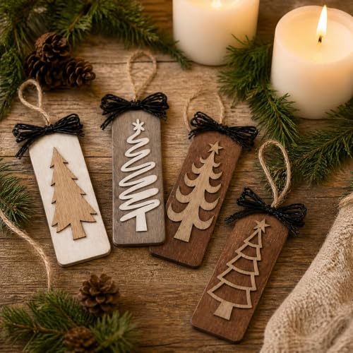 12 Pack Wooden Christmas Tree Ornaments - Rustic Farmhouse Holiday Decor
