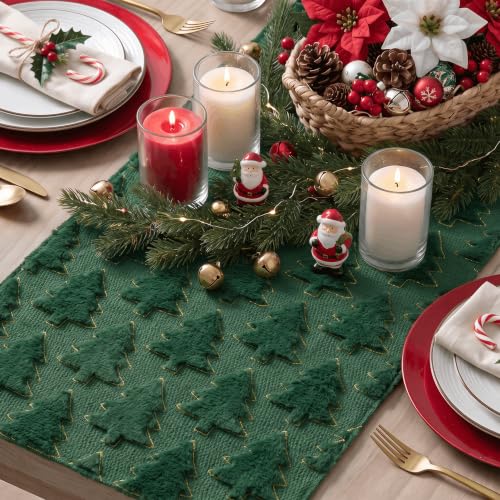 13 x 108 Inch Green Plush Faux Fur Christmas Table Runner with Embroidered Edges