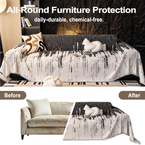 Boho Chenille Sofa Cover 71x134 Inches Washable for Pet Protection - Grey Black