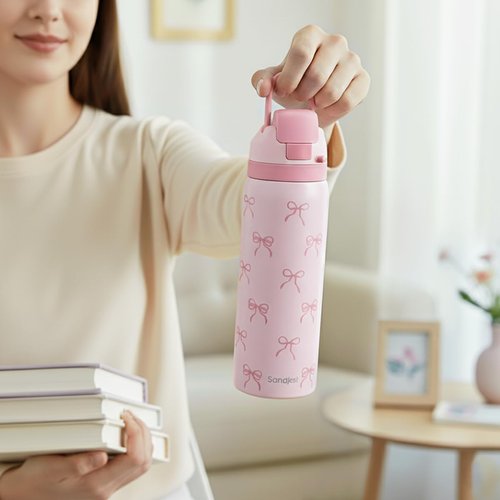 Bow Insulated Stainless Steel Water Bottle - 32oz with Straw for Sports & Travel | Pink Gift for Women & Teens