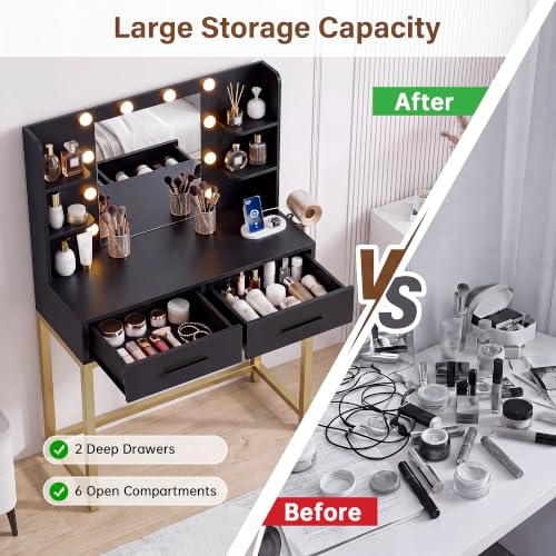 YESHOMY 31.5'' Small Vanity Desk with LED Mirror, Black - 3-Mode Lighting, Built-in USB/ outlets