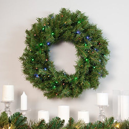 Pre-Lit Artificial Christmas Wreath 24 Inches - Norwood Fir with Multicolor Lights