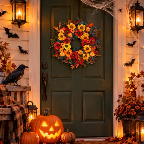 Fall Wreath for Front Door - 24 Inch Autumn Thanksgiving Halloween Decor - Orange, Red & Blue Variation