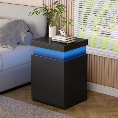 OLIXIS Black Nightstand with Charging Station & RGB LED Lights (Variation: Black - 17.72 W x 15.75 D x 26.57 H, 4 Drawers)