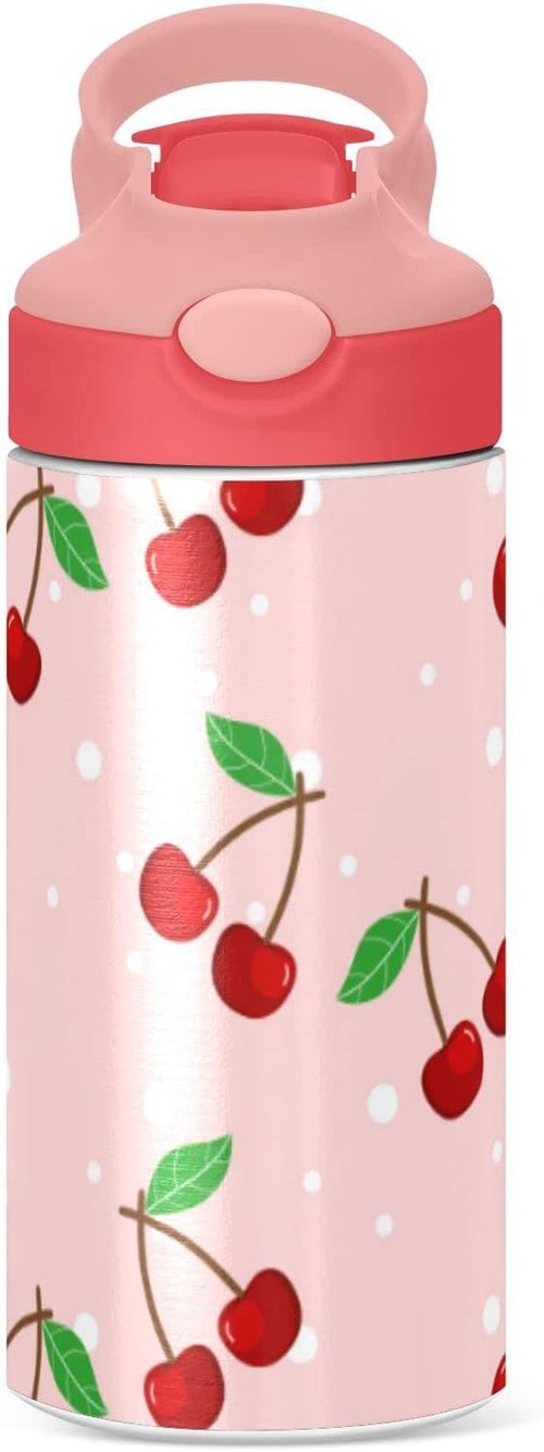 Cherry Water Bottle - Leakproof Double-Walled Stainless Steel Thermo Flask with Straw Lid | Ideal for Kids & Girls