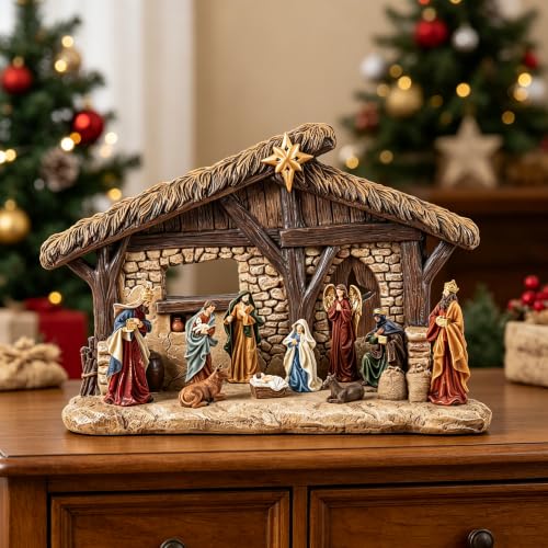 Lighted Nativity Scene Stable Creche - Hand-Painted Resin Christmas Figurines, 14.5" Height