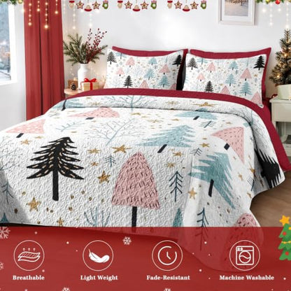 Queen Christmas Quilt Set with Tree Forest Pattern - 3 Piece Bedspread and Shams