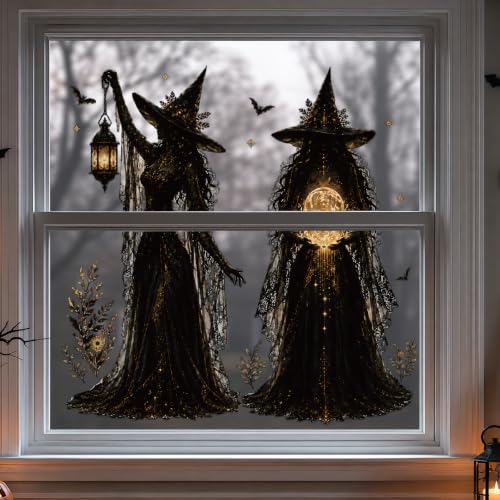 Halloween Witch Static Window Clings Stickers - Indoor Decor, Reusable & Spooky, 9 Pcs - Witch Variation