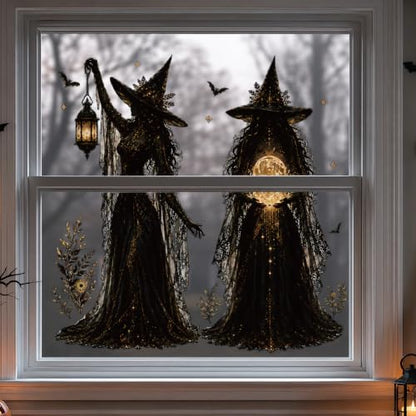 Halloween Witch Static Window Clings Stickers - Indoor Decor, Reusable & Spooky, 9 Pcs - Witch Variation