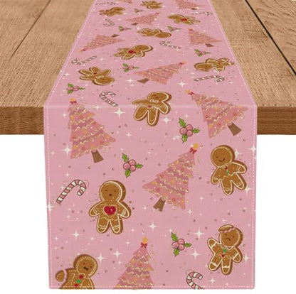 Pink Gingerbread Christmas Table Runner 13x72 Inches Holiday Decor