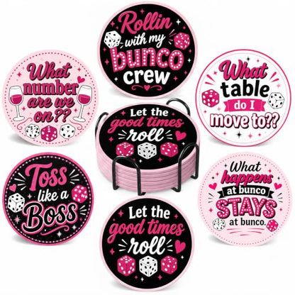Pink Black Ceramic Coasters Set with Metal Holder - Bunco Party Supplies 6-Pack