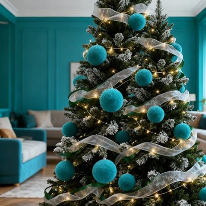 Turquoise Christmas Furry Ball Ornaments Set of 15 - 3.5 Inch Tree Decor