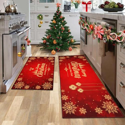 Christmas Kitchen Rugs Set of 2 - Snowflake & Merry Christmas Design, Non-Slip Floor Mats for Entryway & Kitchen, Red & Gold, 17x30 & 17x47 Inches