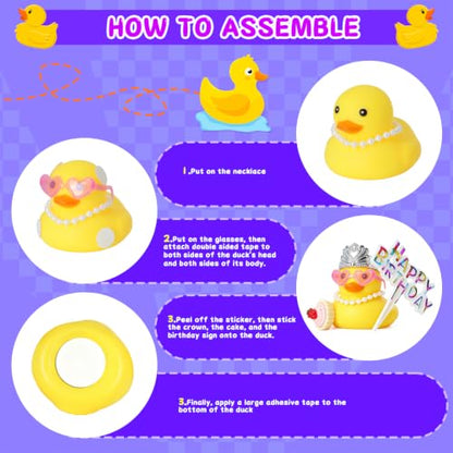 Mini Rubber Duck Birthday Decor with Crown & Sign – Yellow, Squeak, Car & Cake Topper